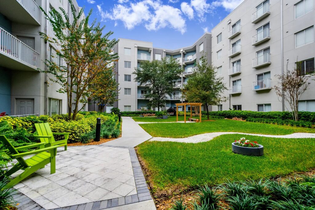 Courtyard with lots of grass and spaced out seating areas