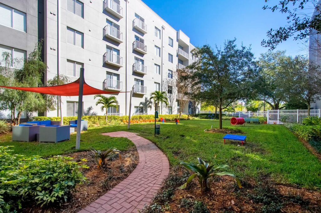 Dog park with covered sitting area.