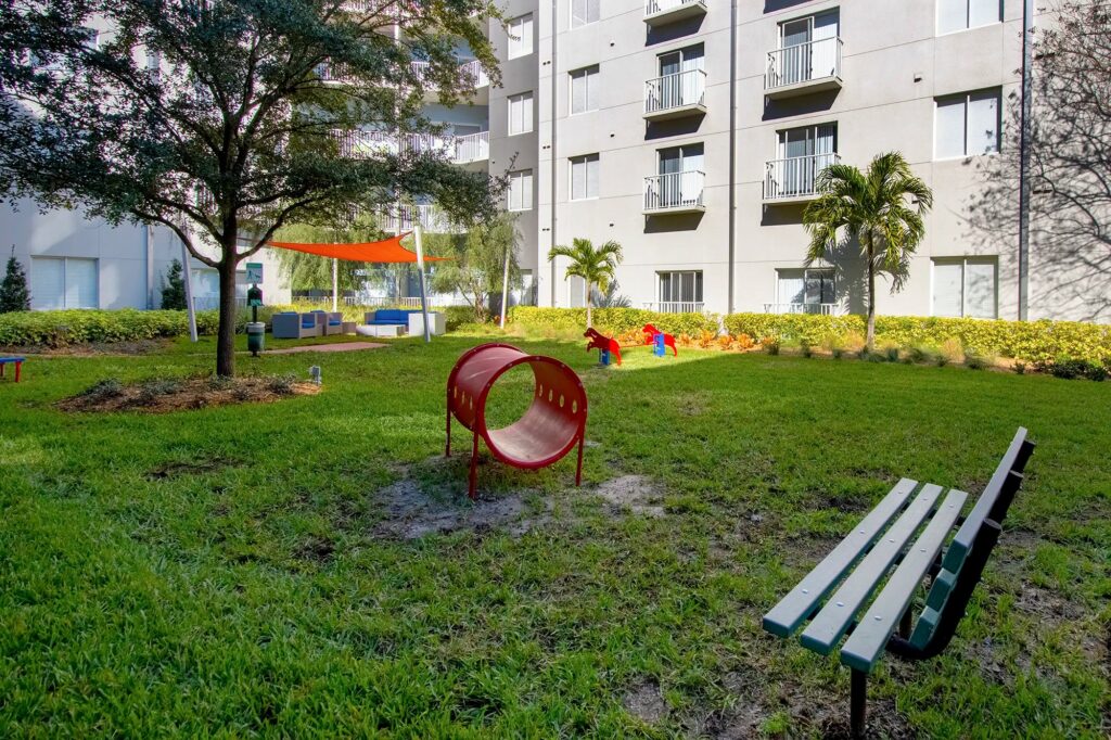 Dog park with covered sitting area.
