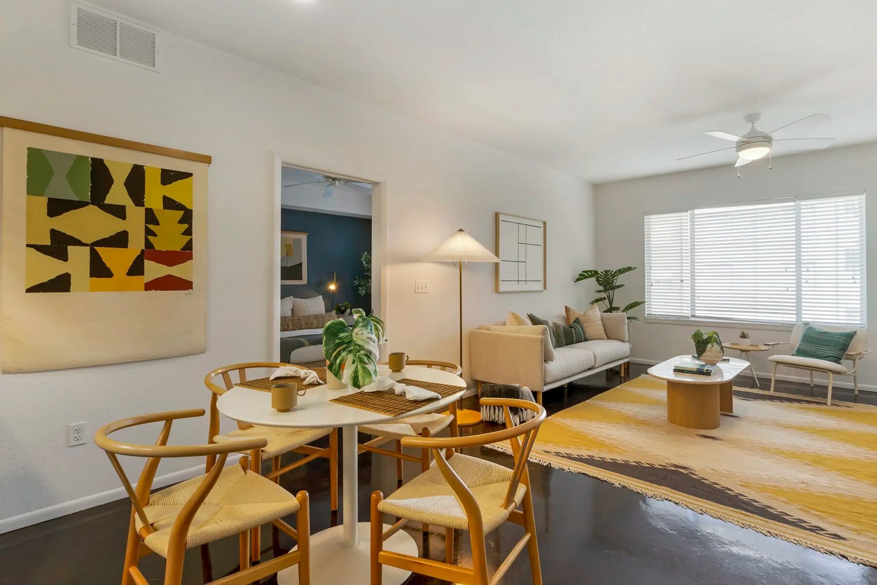 Dining room and living room with access to the bedroom